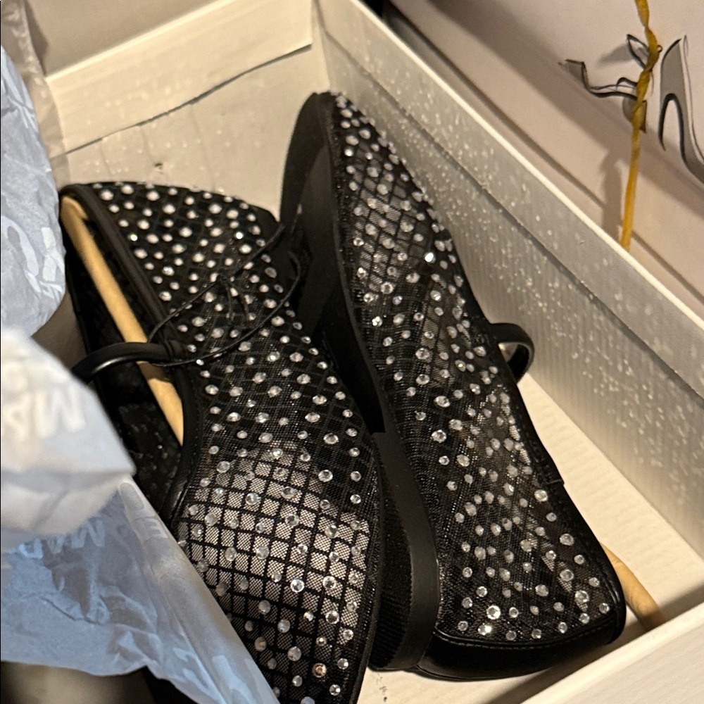 Black Mesh Ballet Flats with Rhinestones - Picture 4 of 4